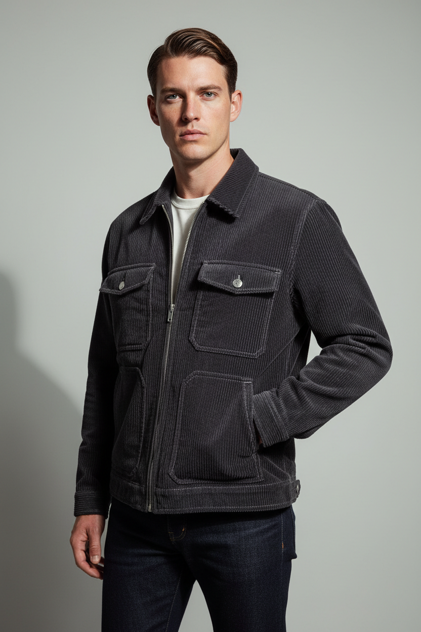 Luxury Corduroy Zip-Up Jacket - Charcoal Grey - Three Quarter Editorial