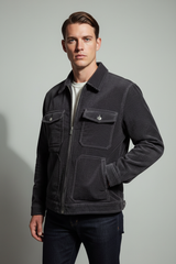Luxury Corduroy Zip-Up Jacket - Charcoal Grey - Three Quarter Editorial