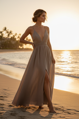 Luxury Resort Lounge Maxi Dress in Muted Stone Taupe - Three Quarter Editorial
