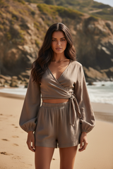 Luxury Beach Night Lounge Set in Dusty Charcoal Taupe - Front Full Body