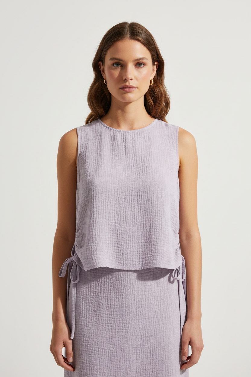 Luxury Sleeveless Crinkle Crop Top in Dusty Lavender Mist - Front View