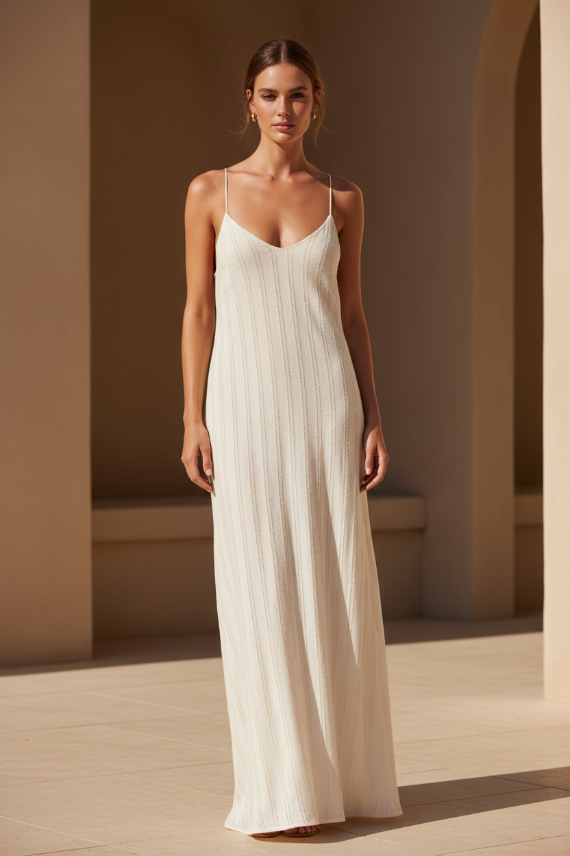 Luxury Textured Maxi Slip Dress in Soft Ivory Cream - Front View