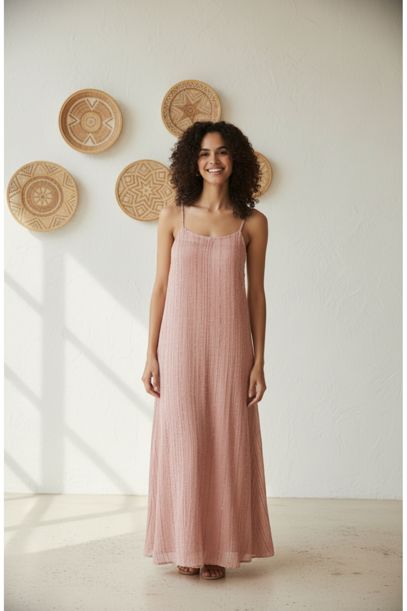 Model wearing Dusty Rose Boho Striped Maxi Dress - front view