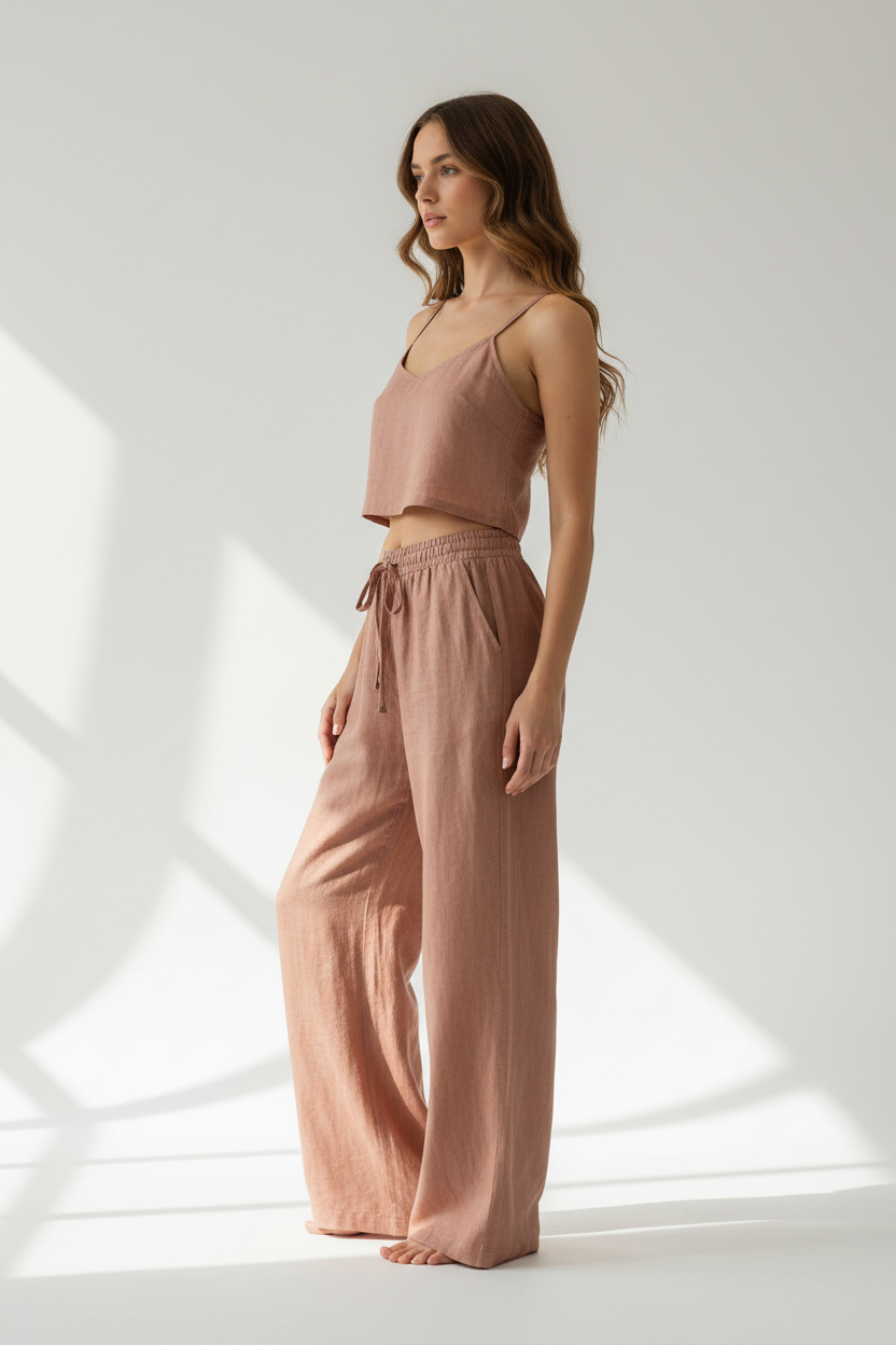 Luxury Minimal Linen Resort Set in Dusty Clay Nude - Side Standing