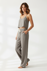 Luxury Minimal Linen Resort Set in Stone Taupe Grey - Three Quarter Editorial