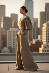 Luxury Tailored Puff-Sleeve Pants Co-ord Set in Dusty Olive Nude - Side Angle