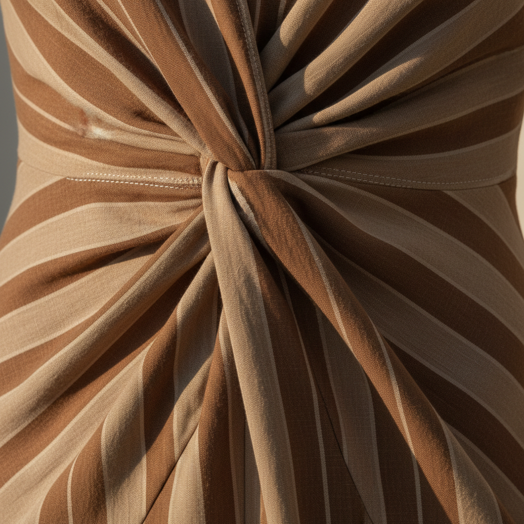 Luxury Striped Twist-Front Maxi Dress in Soft Cocoa & Taupe Stripe - Fabric Detail