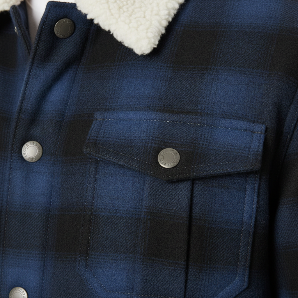 Luxury Plaid Sherpa-Collar Trucker Jacket - Midnight Navy Plaid - Detail Shot