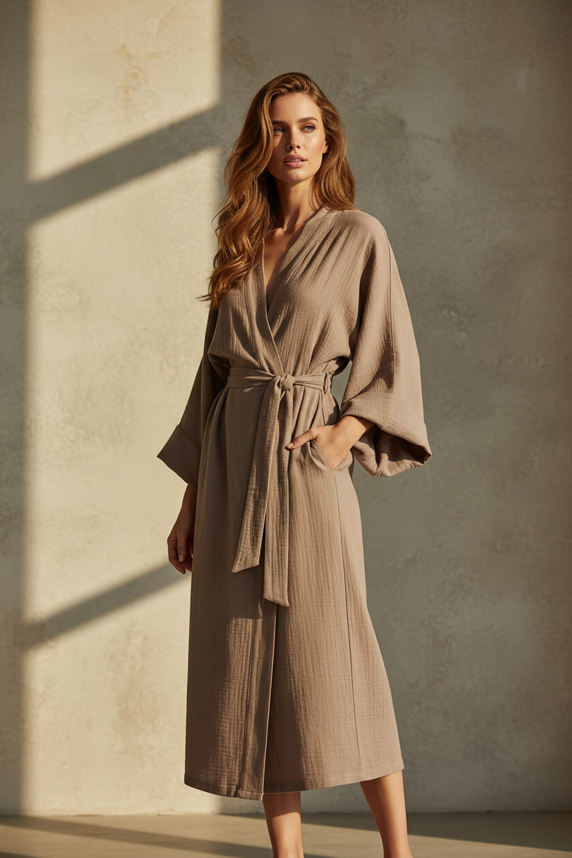 Luxury Lounge Robe Dress in Muted Stone Taupe - Lifestyle