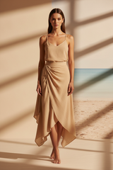 Luxury Asymmetrical Wrap Skirt in Warm Sand Beige - Front View