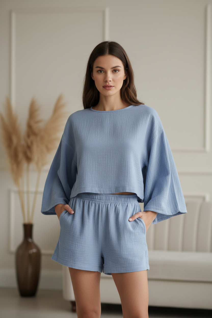 Luxury Minimal Lounge Set in Soft Cloud Blue - Front Full Body