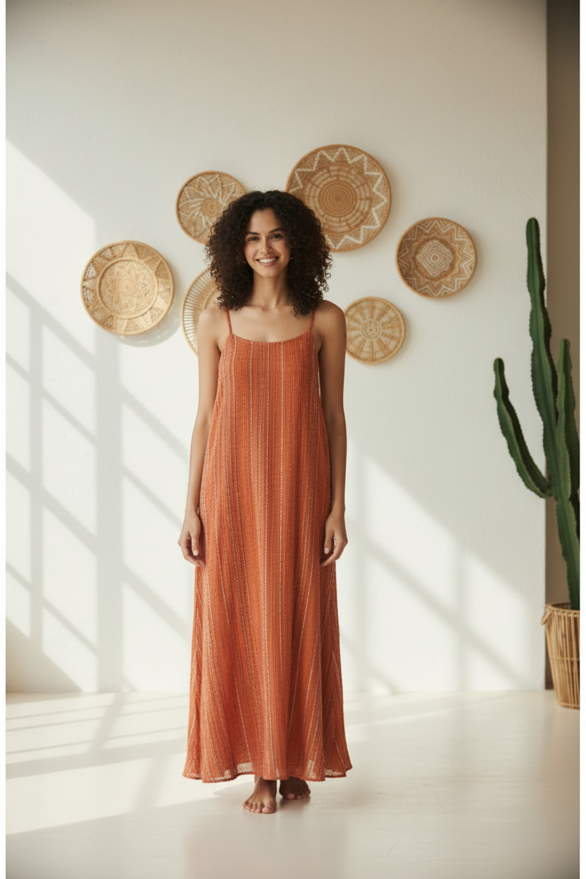Model wearing Terracotta Boho Striped Maxi Dress - front view