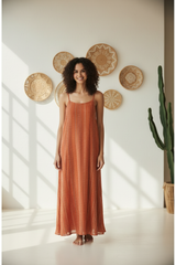 Model wearing Terracotta Boho Striped Maxi Dress - front view
