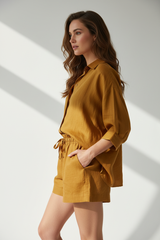 Luxury Minimal Linen Lounge Set in Golden Desert Linen - Side Standing