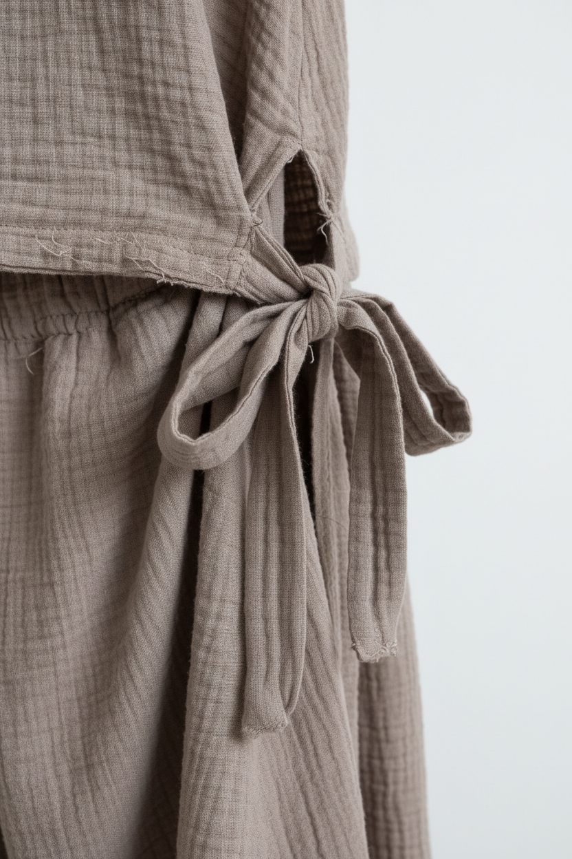Luxury Gauze Lounge Co-ord Set in Muted Stone Taupe - Fabric Detail
