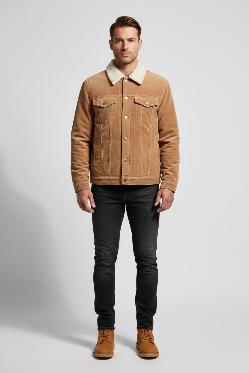 Luxury Sherpa-Collar Corduroy Trucker Jacket - Sandstone Beige - Front Full Body