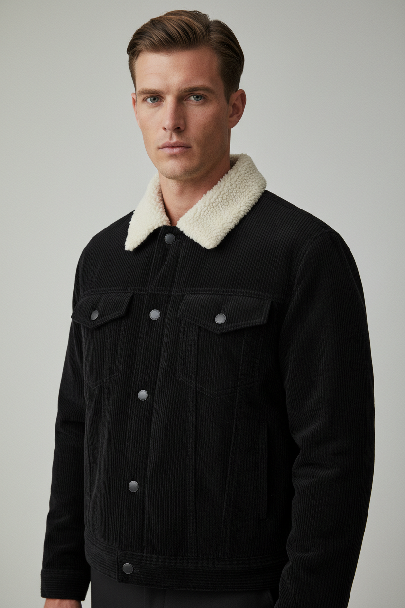 Luxury Sherpa-Collar Corduroy Trucker Jacket - Midnight Black - Three Quarter Editorial