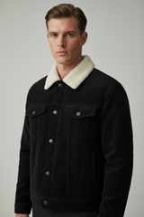 Luxury Sherpa-Collar Corduroy Trucker Jacket - Midnight Black - Three Quarter Editorial