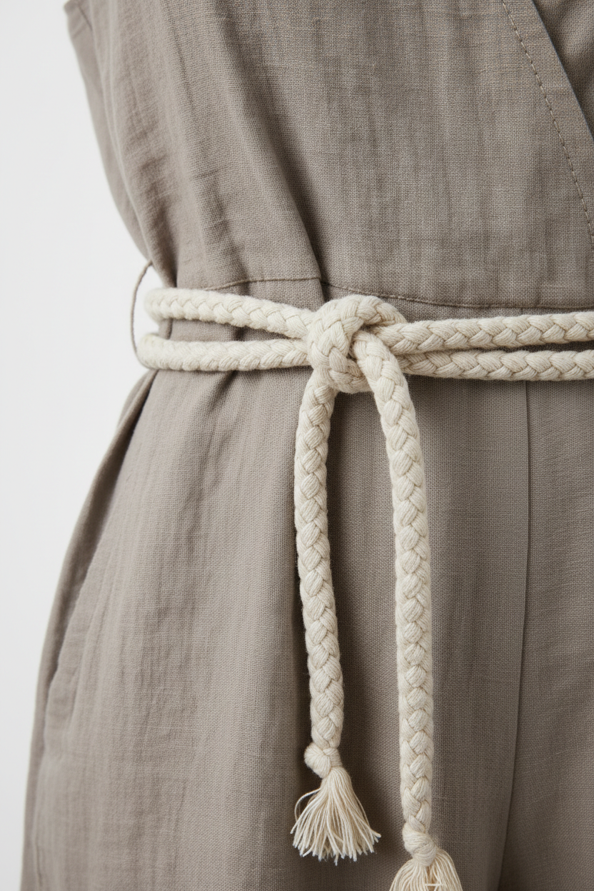 Luxury Linen Lounge Romper in Muted Stone Taupe - Fabric Detail