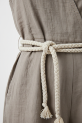 Luxury Linen Lounge Romper in Muted Stone Taupe - Fabric Detail