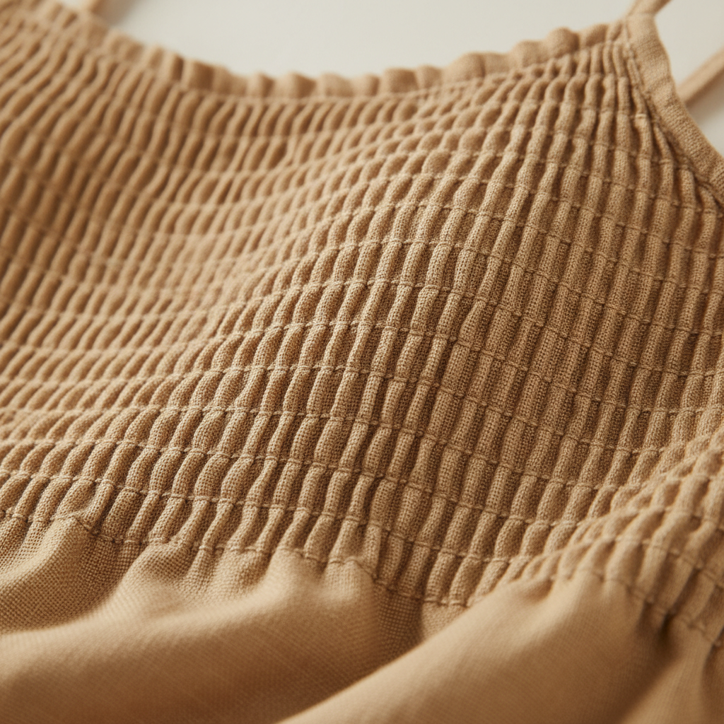 Luxury Smocked Camisole & Summer Shirt Set in Warm Sand Beige - Smocked Detail