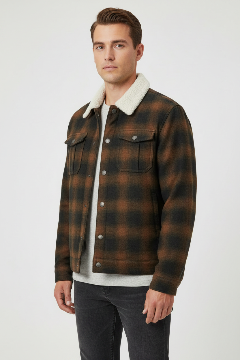 Luxury Plaid Sherpa-Collar Trucker Jacket - Warm Cocoa Brown - Three Quarter