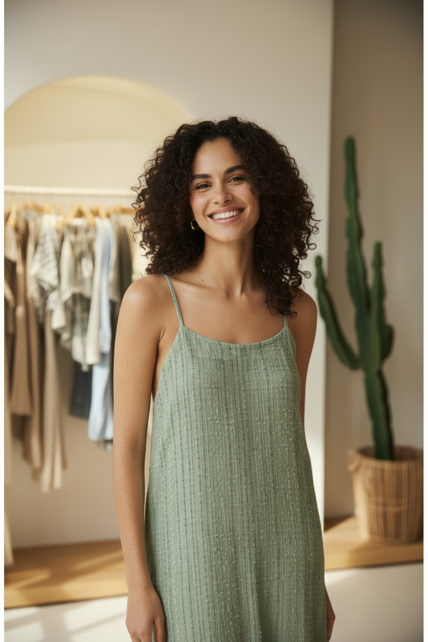 Model wearing Sage Green Boho Striped Maxi Dress - smiling boutique shot