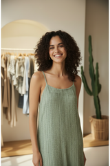Model wearing Sage Green Boho Striped Maxi Dress - smiling boutique shot