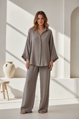 Luxury Textured Lounge Co-ord Set in Muted Stone Taupe - Front Full Body