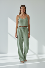 Luxury Minimal Linen Resort Set in Muted Sage Linen - Front Full Body