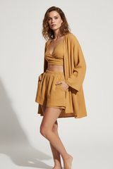 Luxury Lounge Co-ord Set in Golden Desert Linen - Three Quarter Editorial