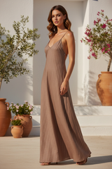 Luxury Textured Maxi Slip Dress in Soft Cocoa Taupe - Editorial Pose