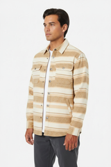 Luxury Striped Overshirt Jacket - Warm Sand Beige Stripe - Side Angle
