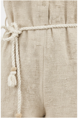 Luxury Linen Lounge Romper in Soft Sand Beige - Fabric Detail