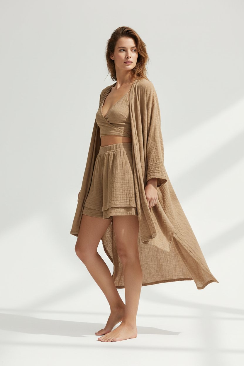 Luxury Lounge Co-ord Set in Dusty Olive Nude - Side Standing