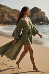 Luxury Beach Night Lounge Set in Muted Olive Shadow - Side Walking