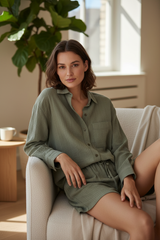 Luxury Striped Loungewear Short Set in Dusty Olive Stripe - Sitting Pose