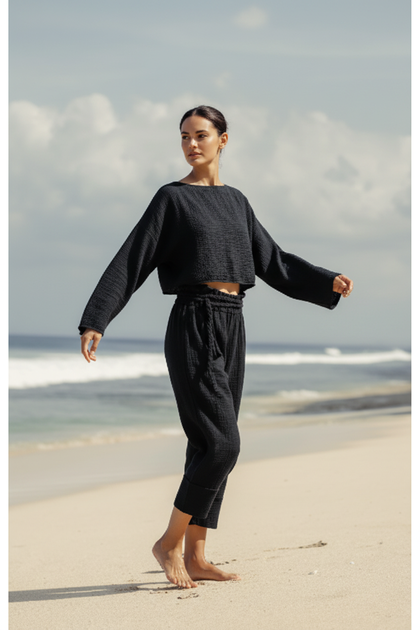Luxury Midnight Beach Lounge Set in Midnight Black - Three Quarter Editorial
