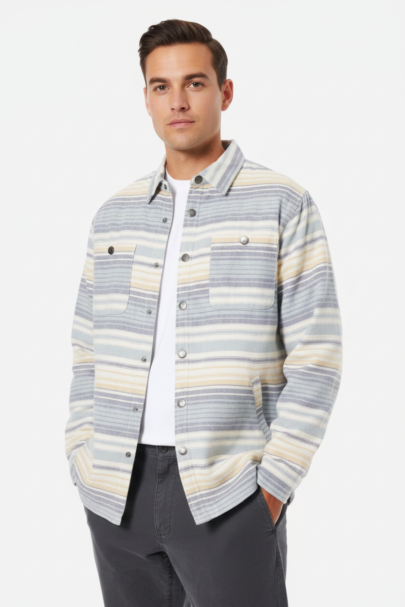 Luxury Striped Overshirt Jacket - Ocean Mist Blue Stripe - Front View
