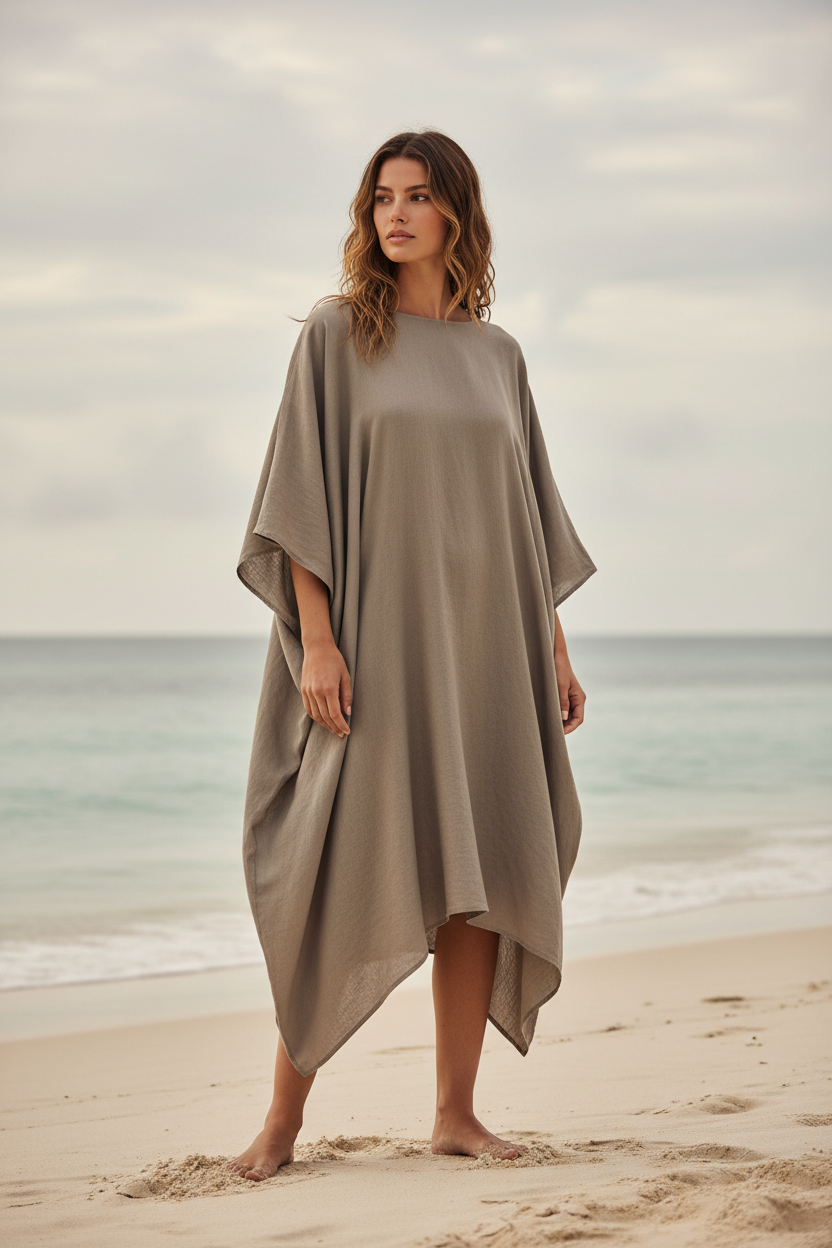 Luxury Resort Kaftan in Warm Stone Grey - Three Quarter Editorial