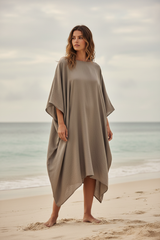 Luxury Resort Kaftan in Warm Stone Grey - Three Quarter Editorial