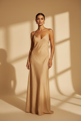 Luxury Textured Maxi Slip Dress in Warm Sand Beige - Front View