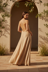 Luxury Textured Maxi Slip Dress in Warm Sand Beige - Open Back