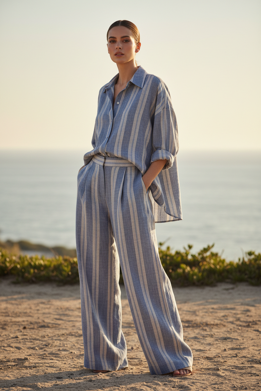 Dusty Blue & Stone Stripe – Three-Quarter Editorial
