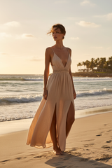Luxury Resort Lounge Maxi Dress in Warm Sand Beige - Three Quarter Editorial