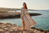 Luxury Striped Twist-Front Maxi Dress in Warm Beige & Stone Stripe - Lifestyle