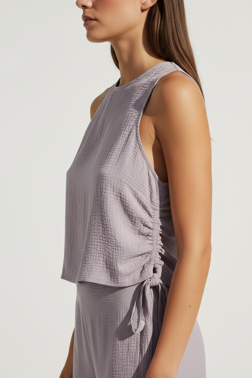 Luxury Sleeveless Crinkle Crop Top in Dusty Lavender Mist - Side Pose