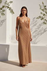Luxury Textured Maxi Slip Dress in Soft Cocoa Taupe - Front View