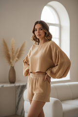 Luxury Minimal Lounge Set in Warm Almond Beige - Three Quarter Editorial