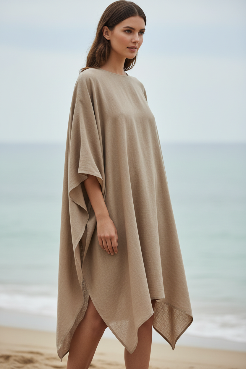 Luxury Resort Kaftan in Soft Sand Taupe - Three Quarter Editorial